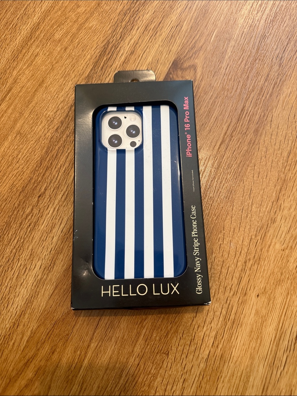 Hello Lux blue cabana cell phone iPhone 16 Pro Max Case glossy stripe navy NEW